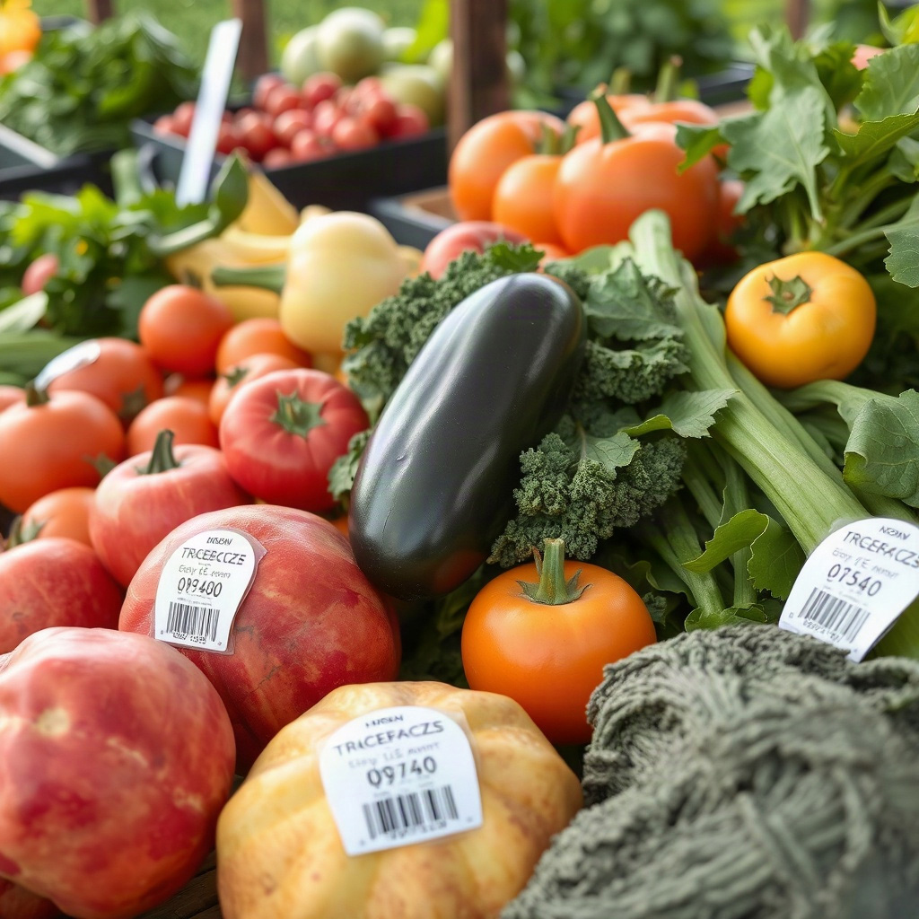 Fresh agricultural produce with origin traceability labels at a farm